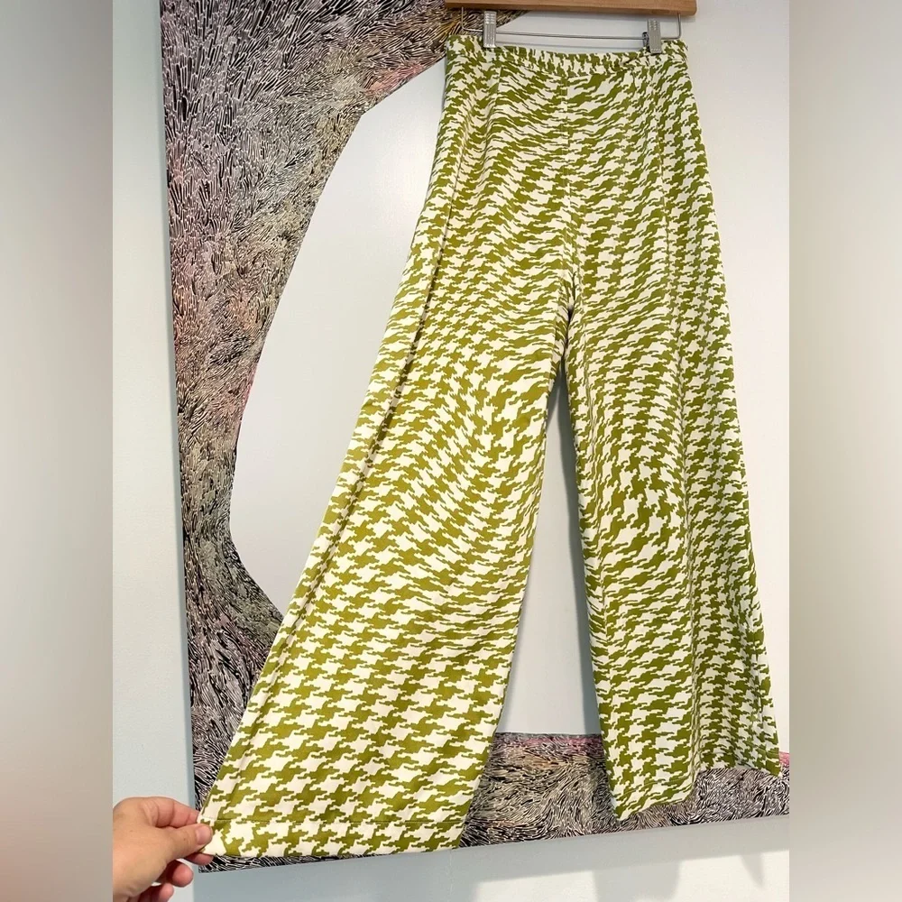 Urban Outfitters Olympia Crop Pants Mustard Green/White High Waisted Wide Leg L - Picture 4 of 7